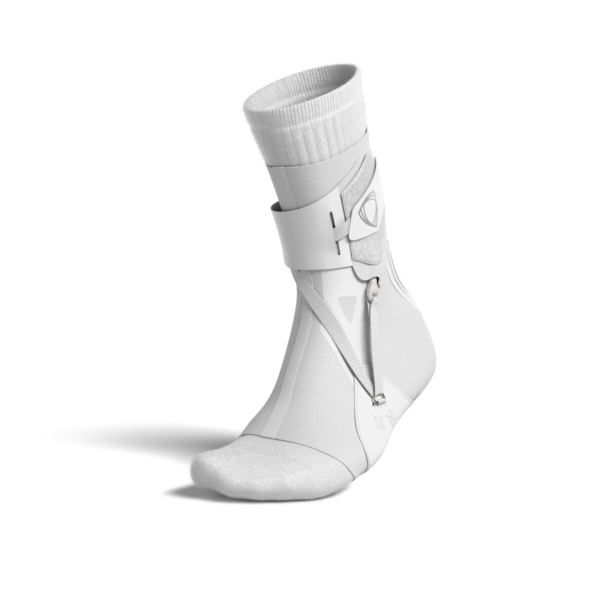 The BetterGuard 2.0 best ankle brace for all sports ankle support. White ankle brace. 3/4 view with sock.