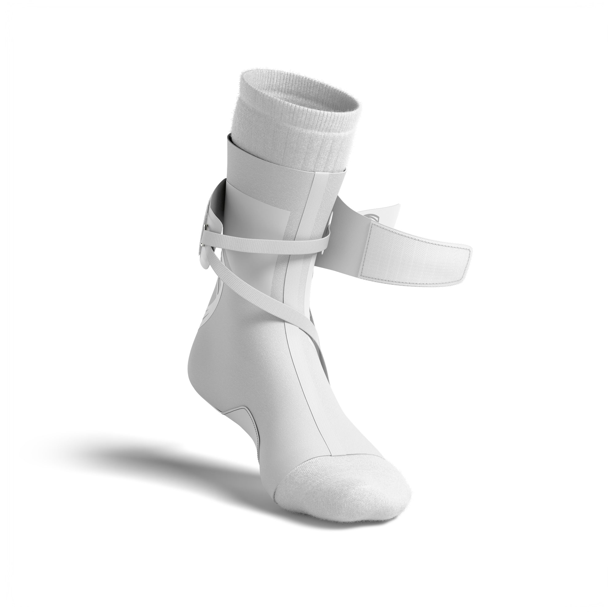 The BetterGuard 2.0 best ankle brace for all sports ankle support. White ankle brace. Adjustable strap. Open 3/4 view.