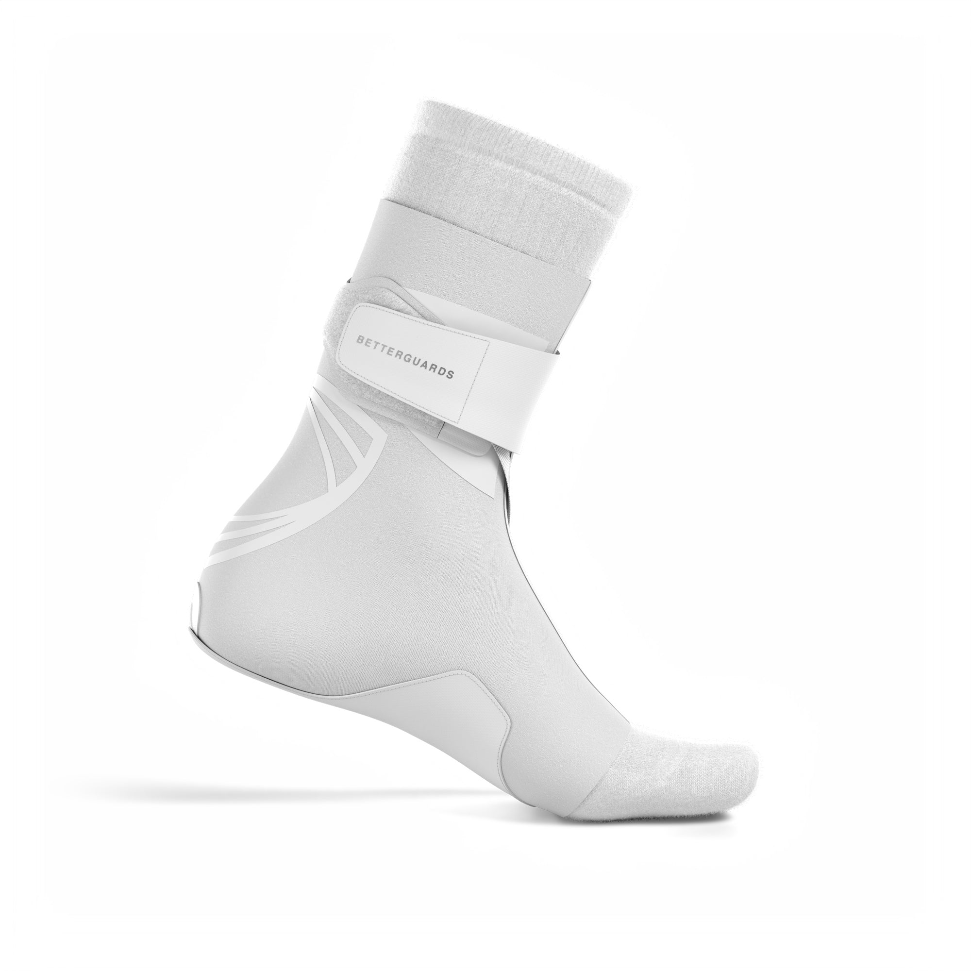 The BetterGuard 2.0 best ankle brace for all sports ankle support. White ankle brace. Medial side view.