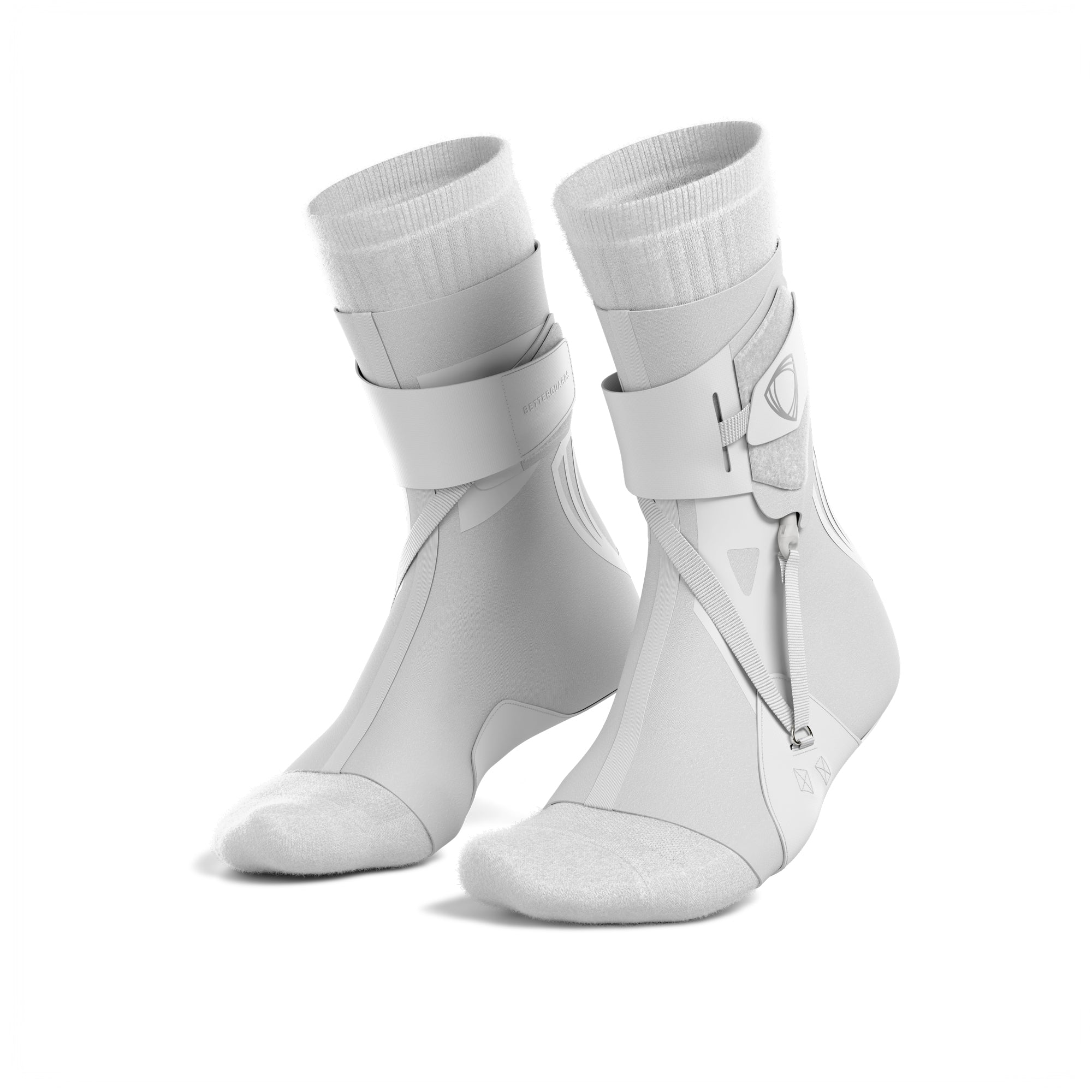 The BetterGuard 2.0 best ankle braces for all sports ankle support. White ankle braces. 3/4 view with socks.