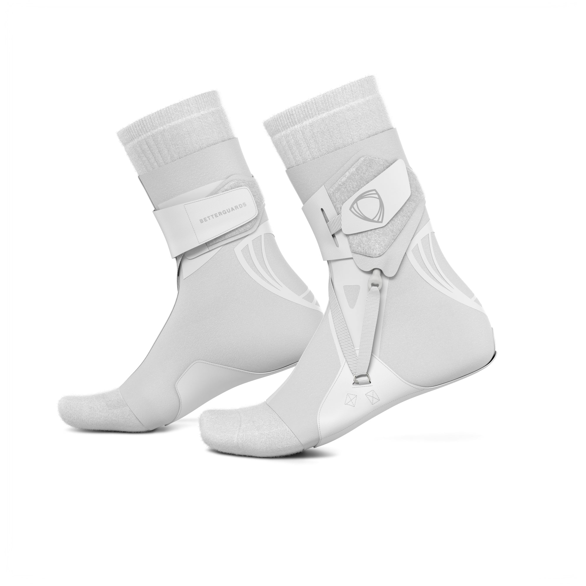 The BetterGuard 2.0 best ankle braces for all sports ankle support. White ankle braces. Side view with socks.