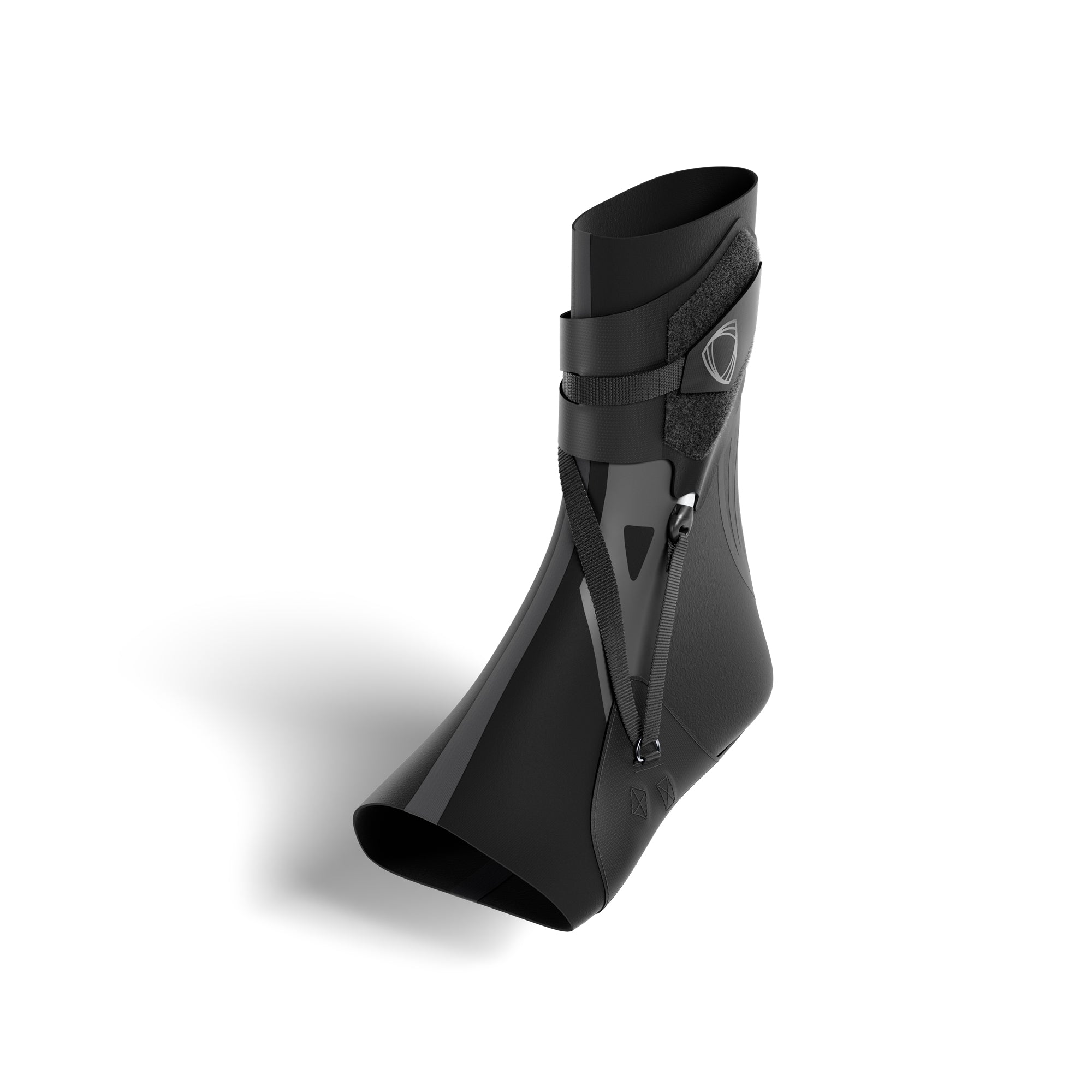 Schwarze Sprunggelenkbandage: The BetterGuard 3.0 – die beste Bandage für sportlichen Knöchelschutz. Dreiviertelansicht.