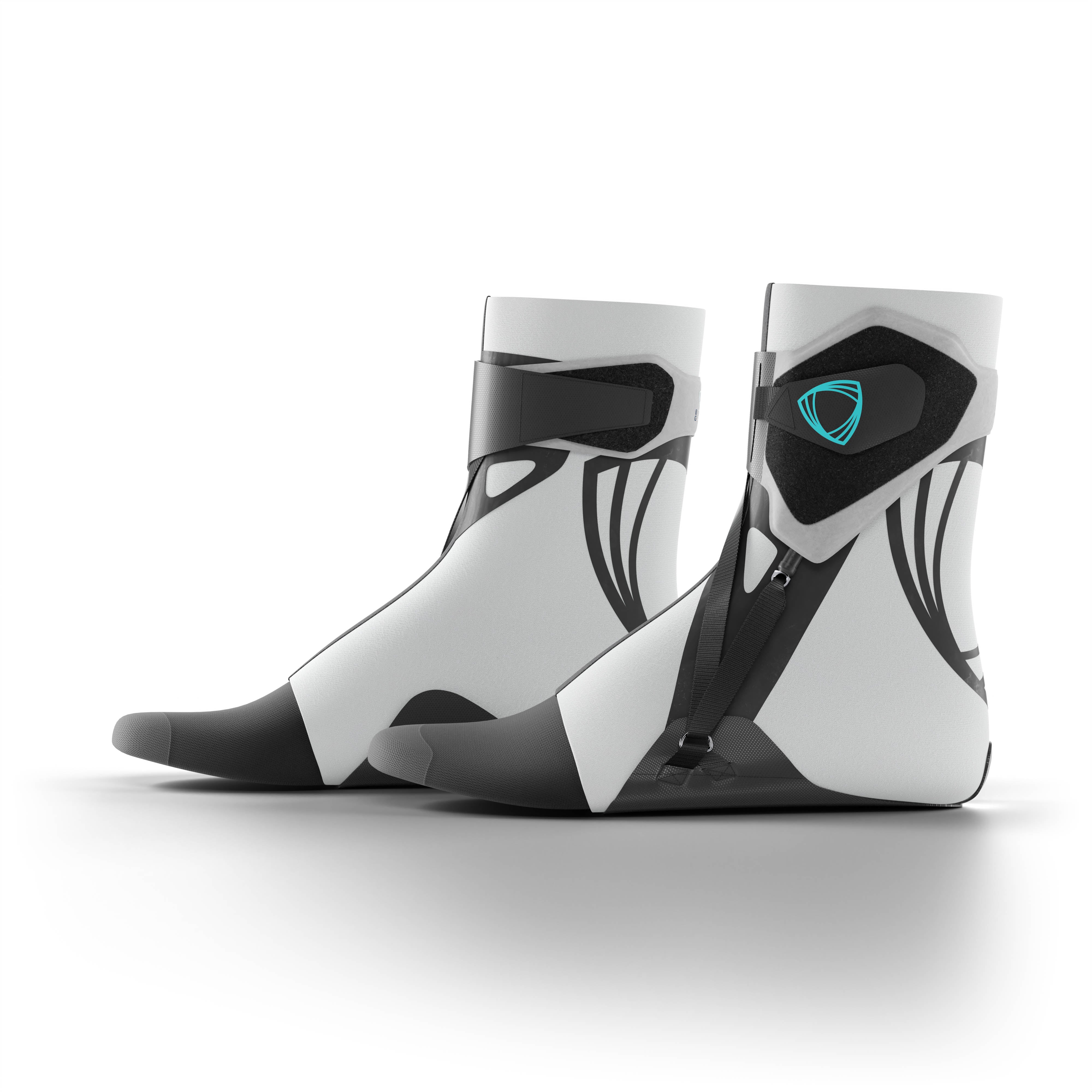 Pair of gray ankle support braces. Lateral and medial side view.