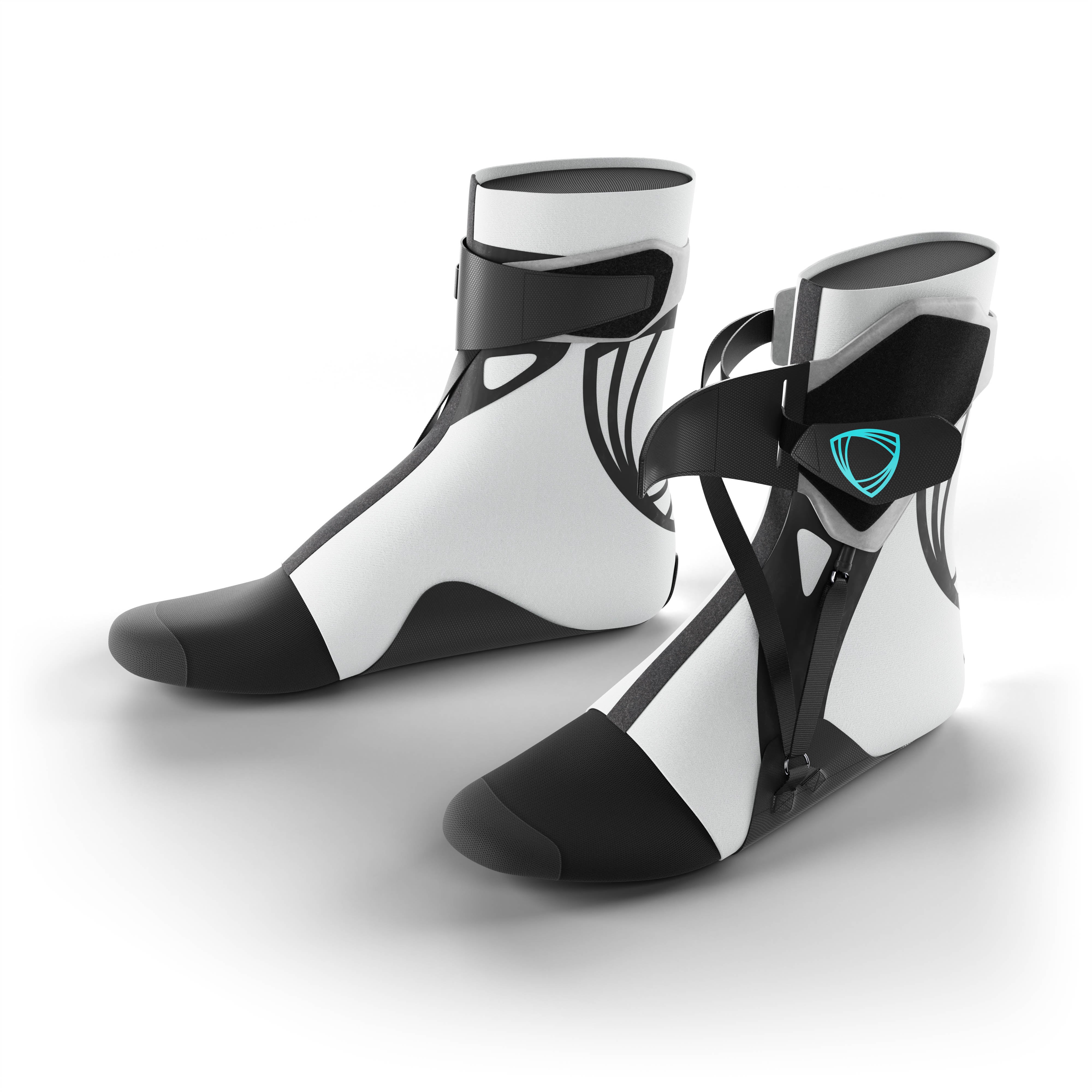 Pair of gray ankle support braces with adjustable straps.