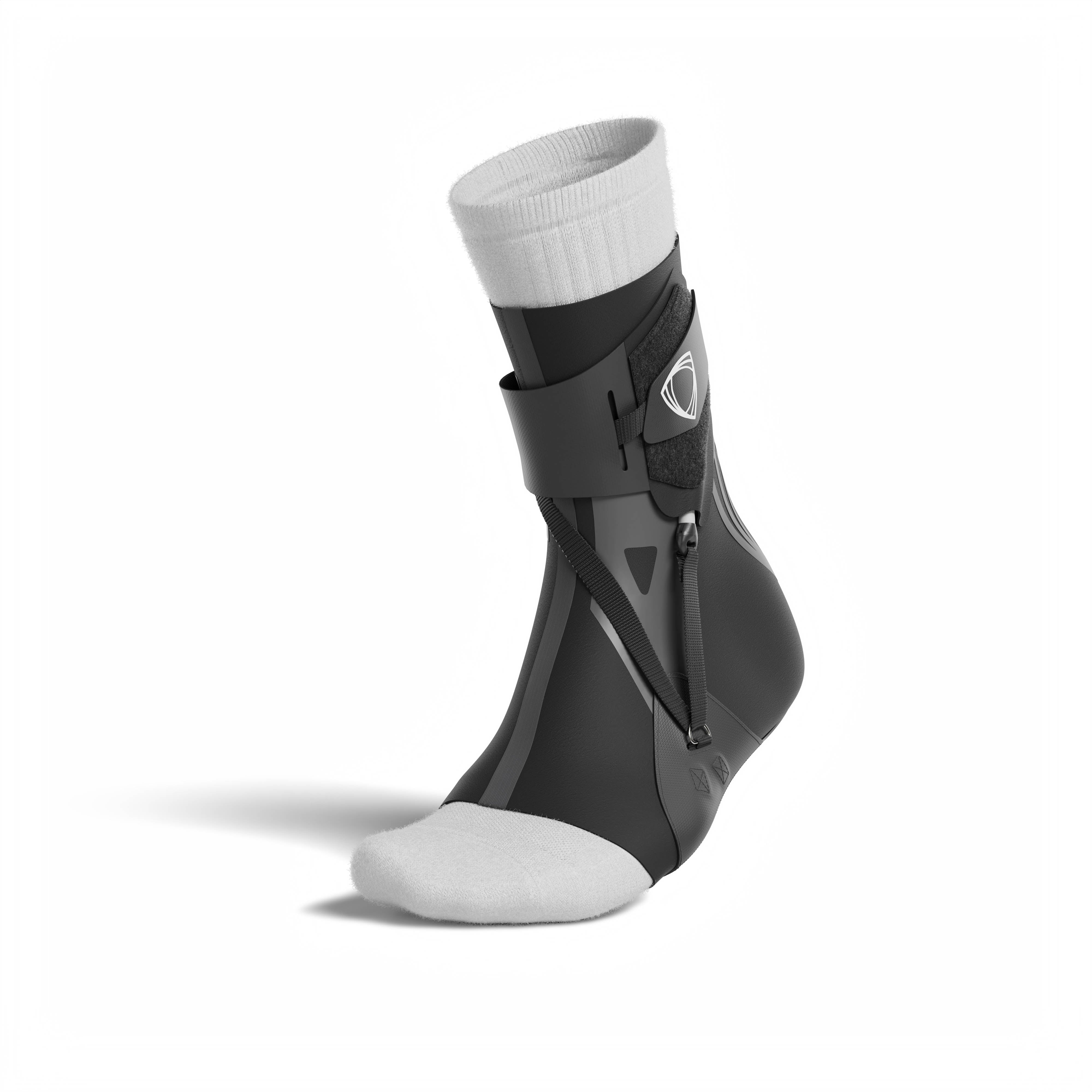 The BetterGuard 2.0 best ankle brace for all sports ankle support. Black ankle brace. 3/4 view with sock.