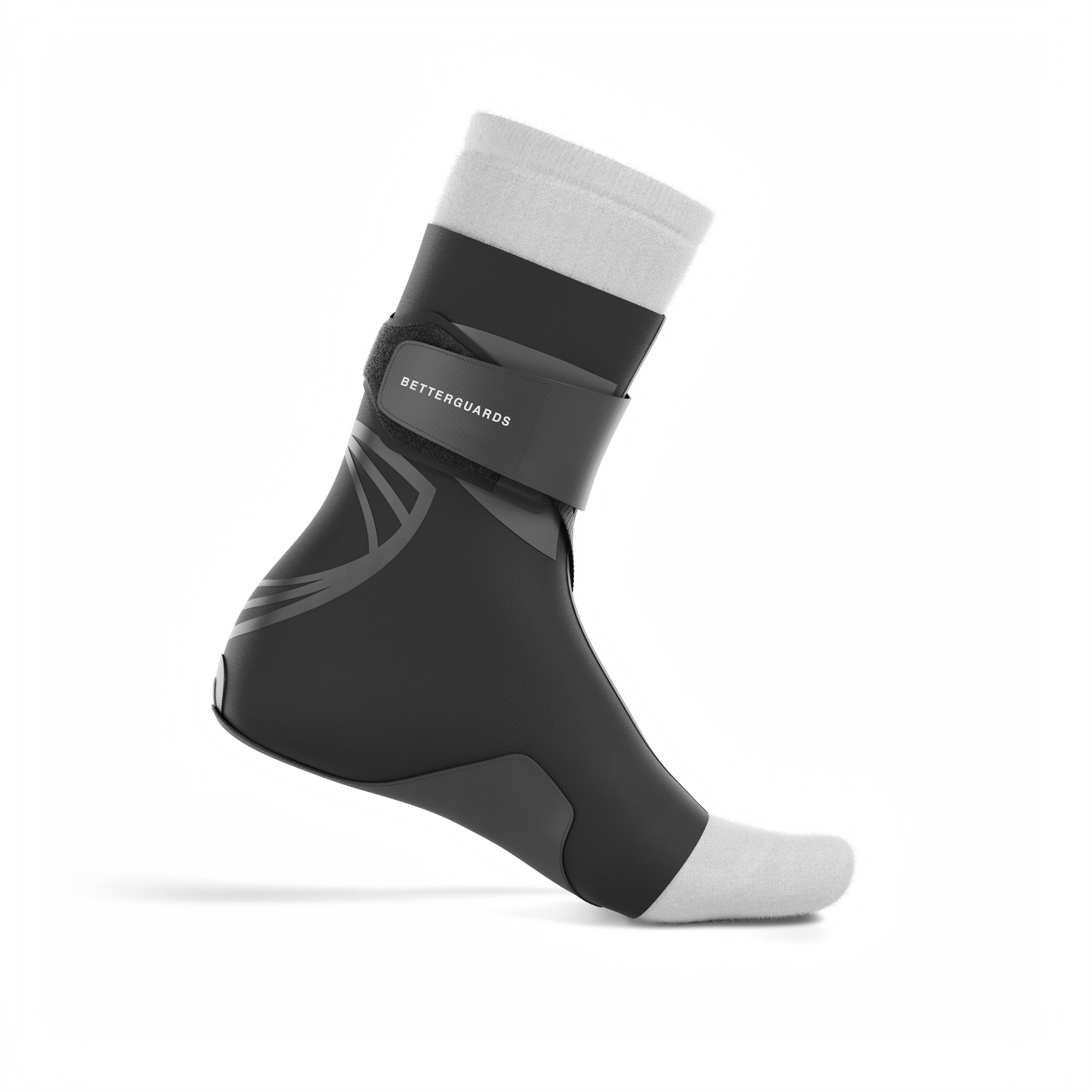 The BetterGuard 2.0 best ankle brace for all sports ankle support. Black ankle brace. Medial side view.