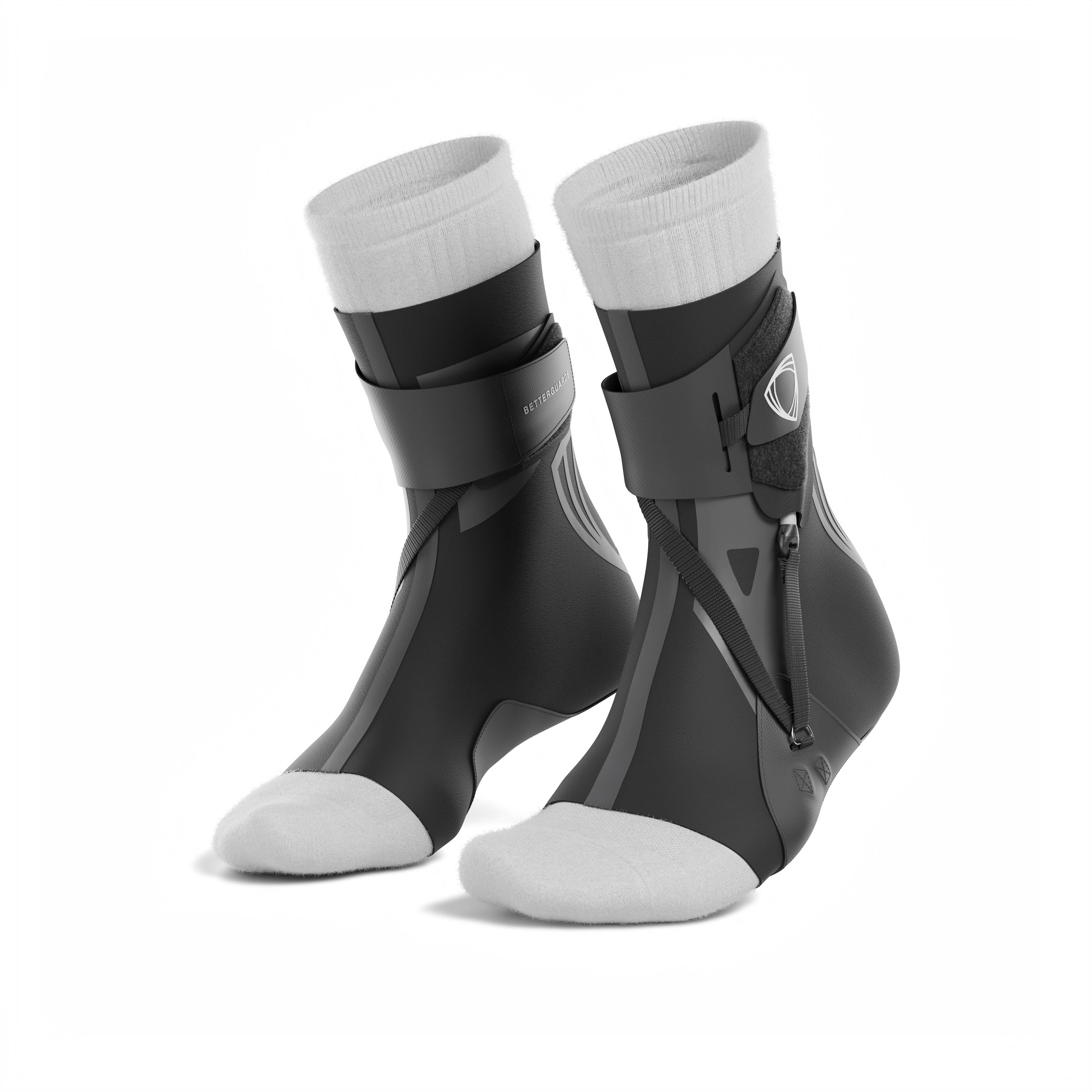 The BetterGuard 2.0 best ankle braces for all sports ankle support. Black ankle braces. 3/4 view with socks.
