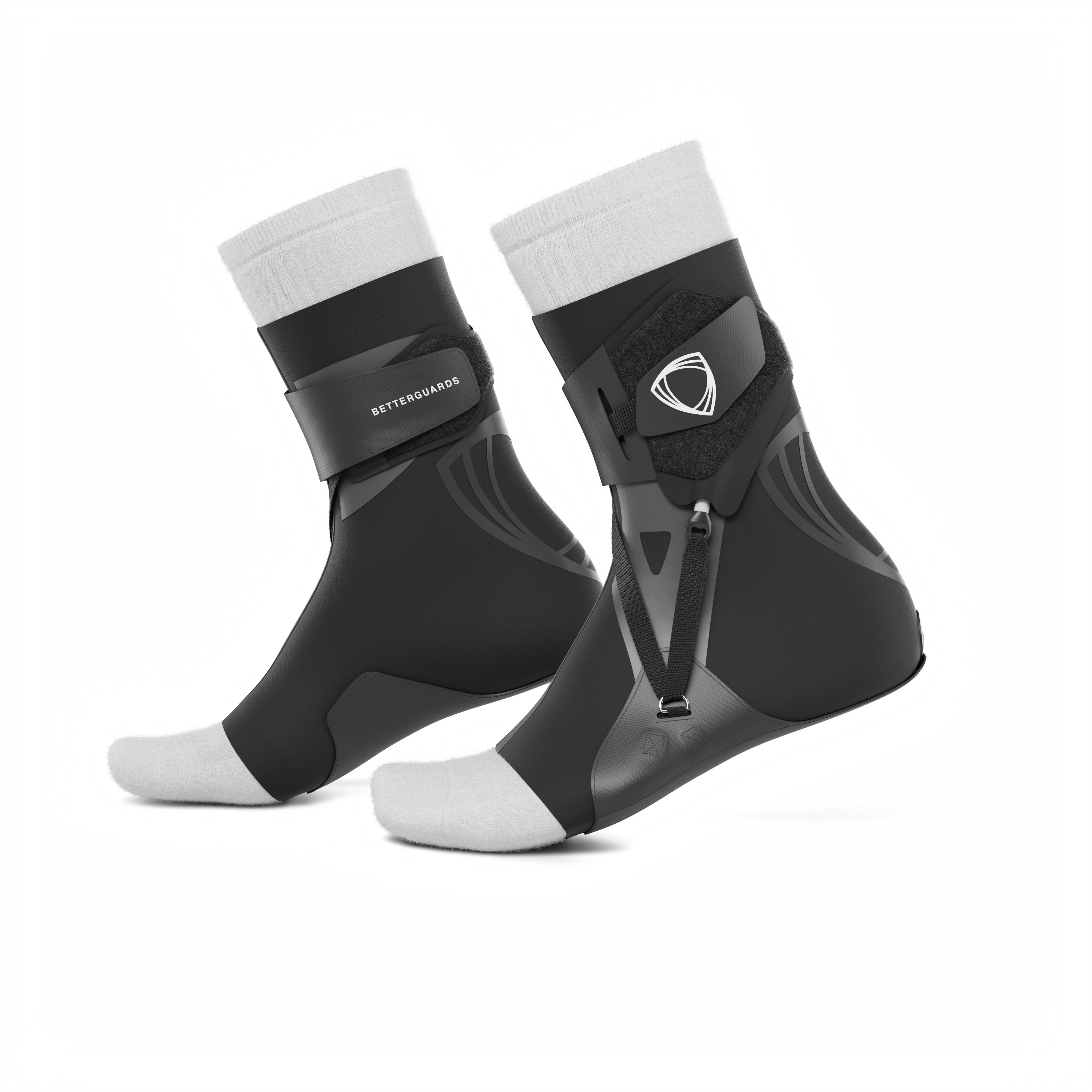 The BetterGuard 2.0 best ankle braces for all sports ankle support. Black ankle braces. Side view with socks.