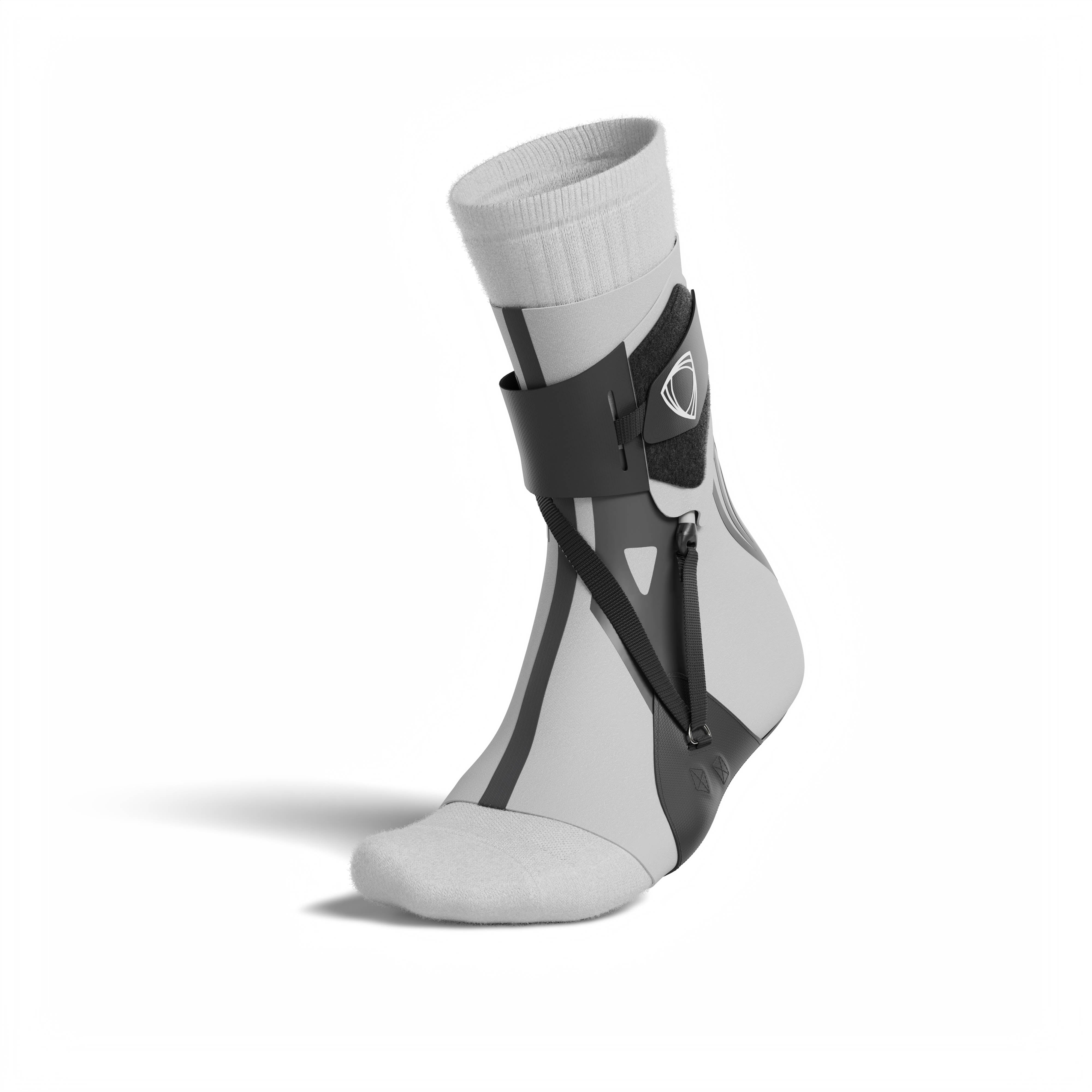 The BetterGuard 2.0 best ankle brace for all sports ankle support. Gray ankle brace. 3/4 view with sock.