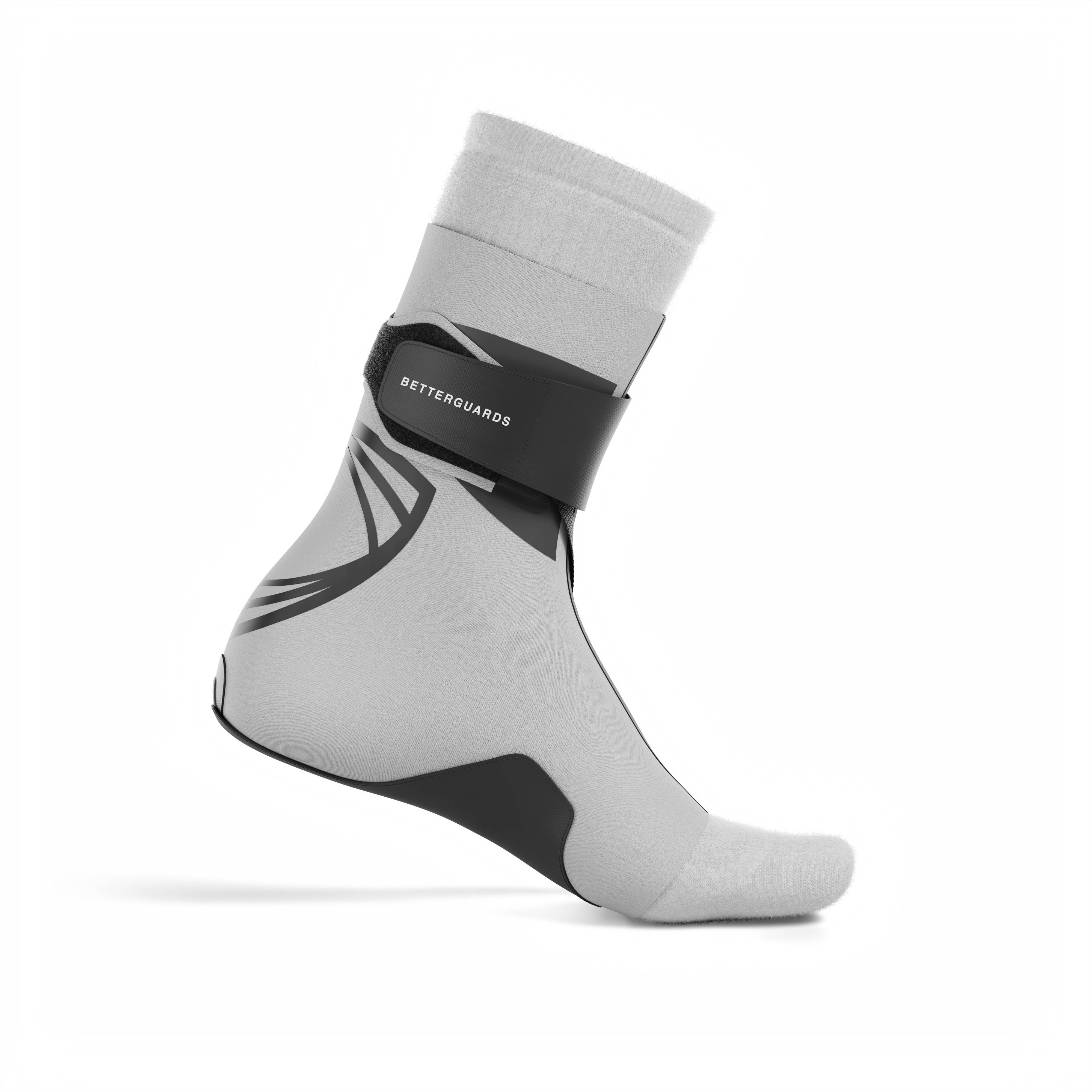 The BetterGuard 2.0 best ankle brace for all sports ankle support. Gray ankle brace. Medial side view.