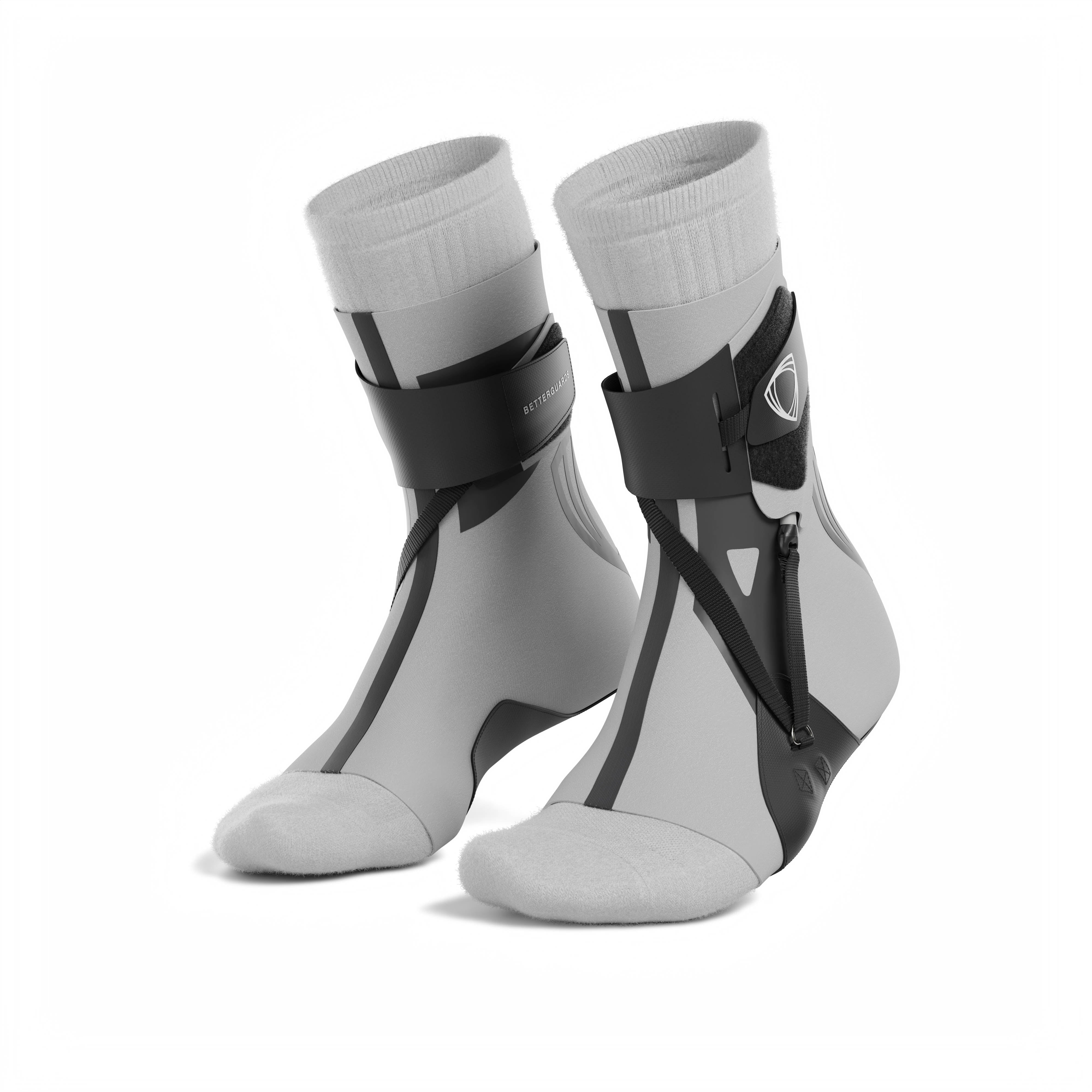 The BetterGuard 2.0 best ankle braces for all sports ankle support. Gray ankle braces. 3/4 view with socks.