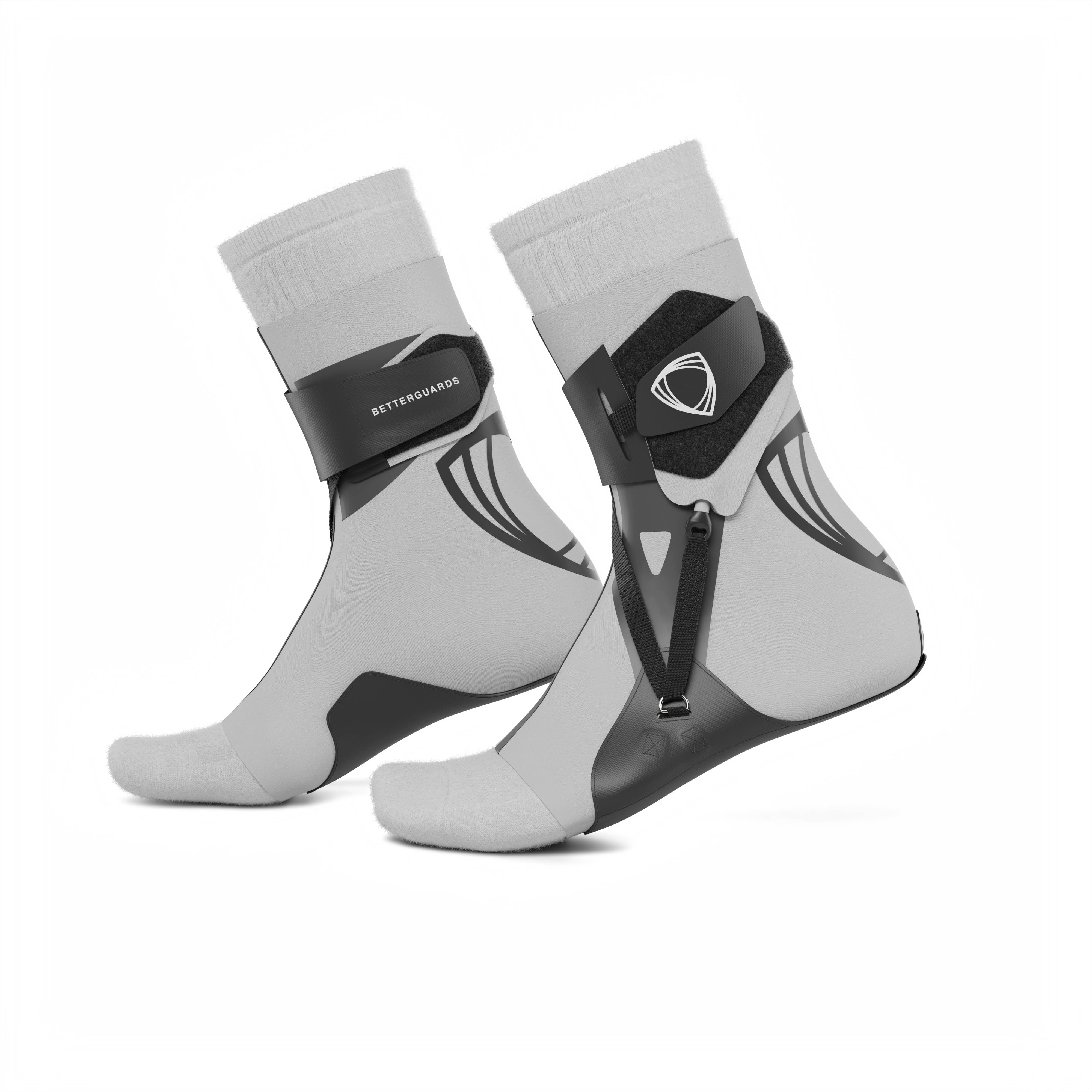 The BetterGuard 2.0 best ankle braces for all sports ankle support. Gray ankle braces. Side view with socks.